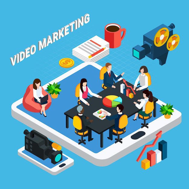 video-marketing An illustration of some people working on video marketing and analyzing data