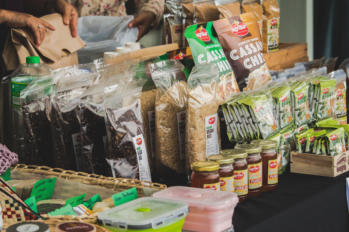 An image of assorted food products placed on a table   