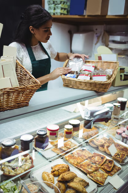 A woman working at a specialty food store